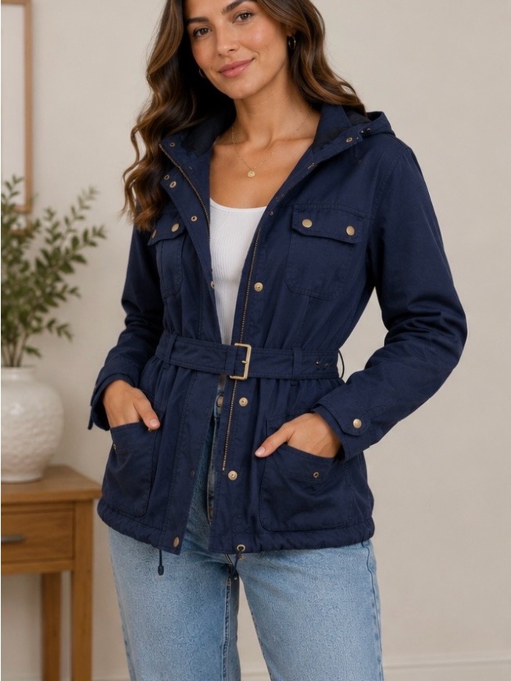 Zara Woman Utility Military Black Jacket Hooded Belted Removable Liner Medium